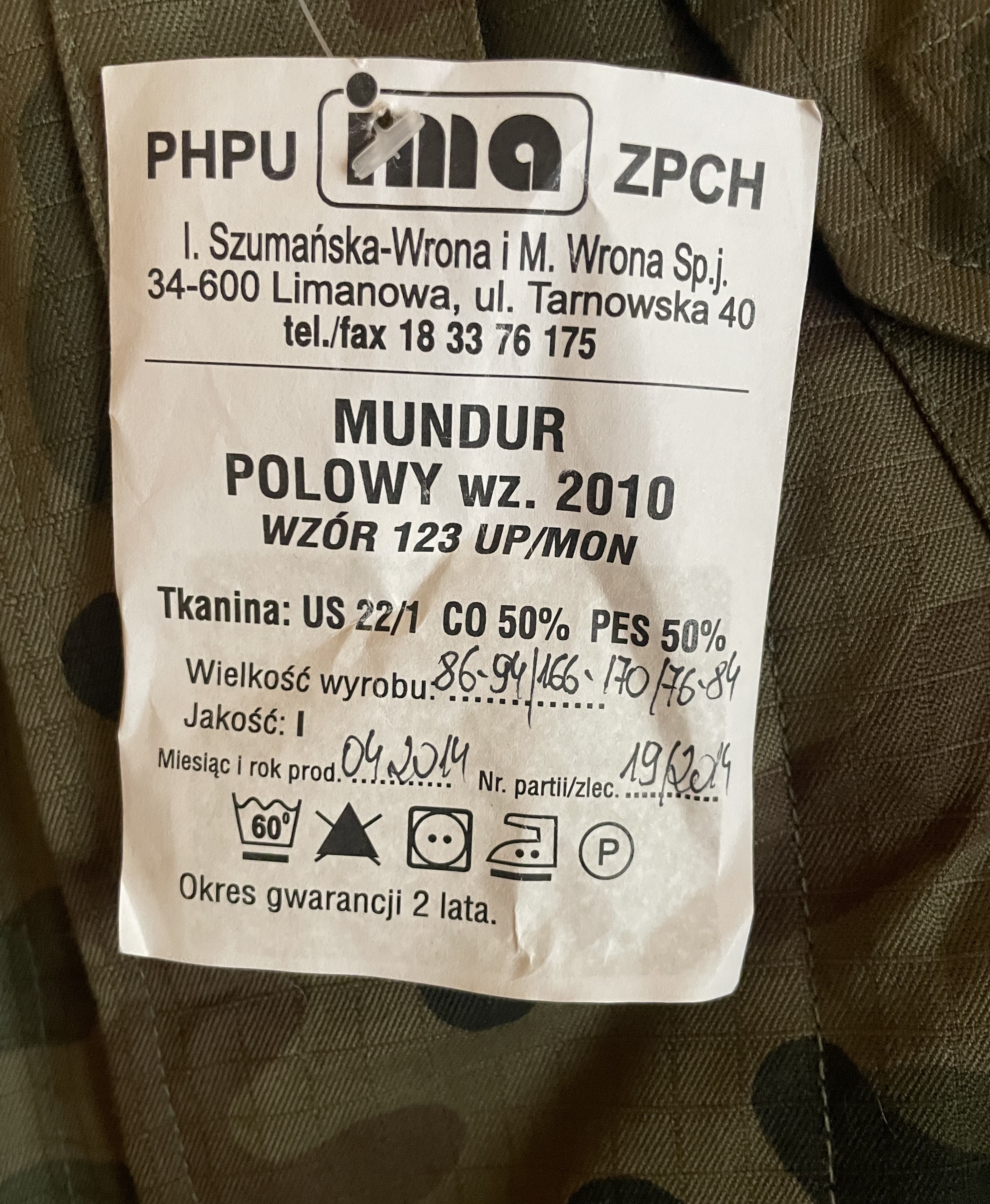 Mundur wz.2010 123 UP/MON całoroczny S/S