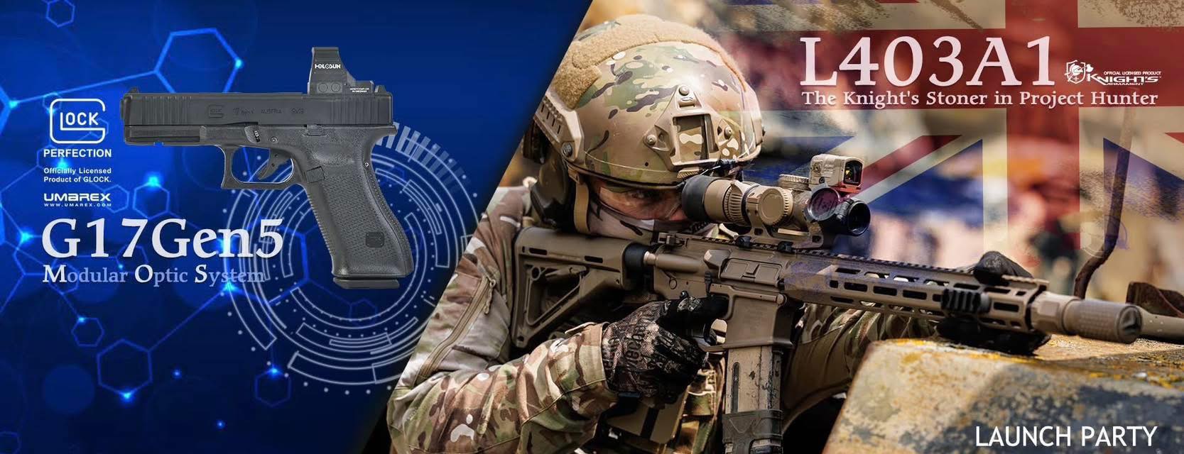 A gas-powered replica of the British L403A1 rifle and a new variant of the Glock 17 gen.5 replica