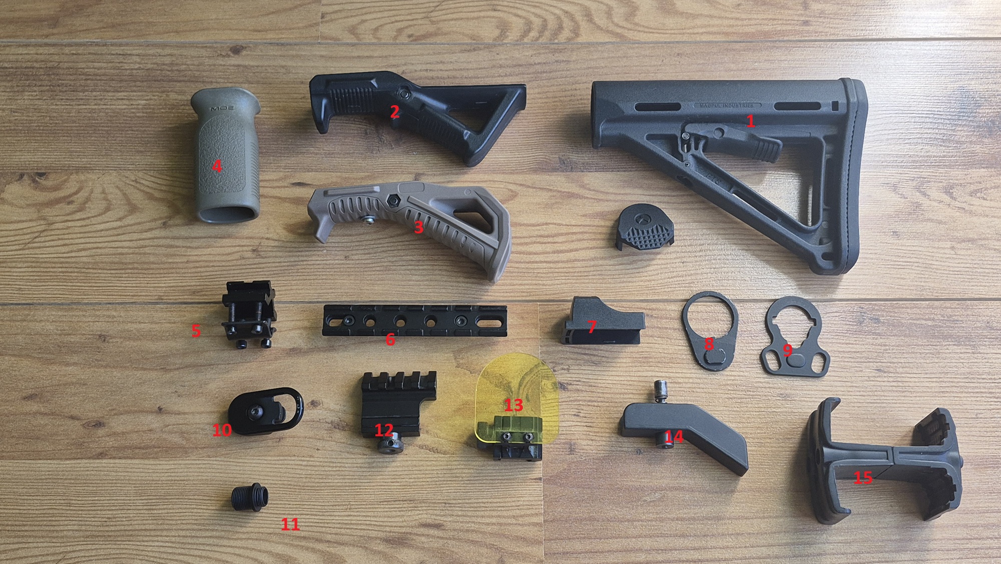 kolba magpul, chwyt, przejściówka, end plate i inne części