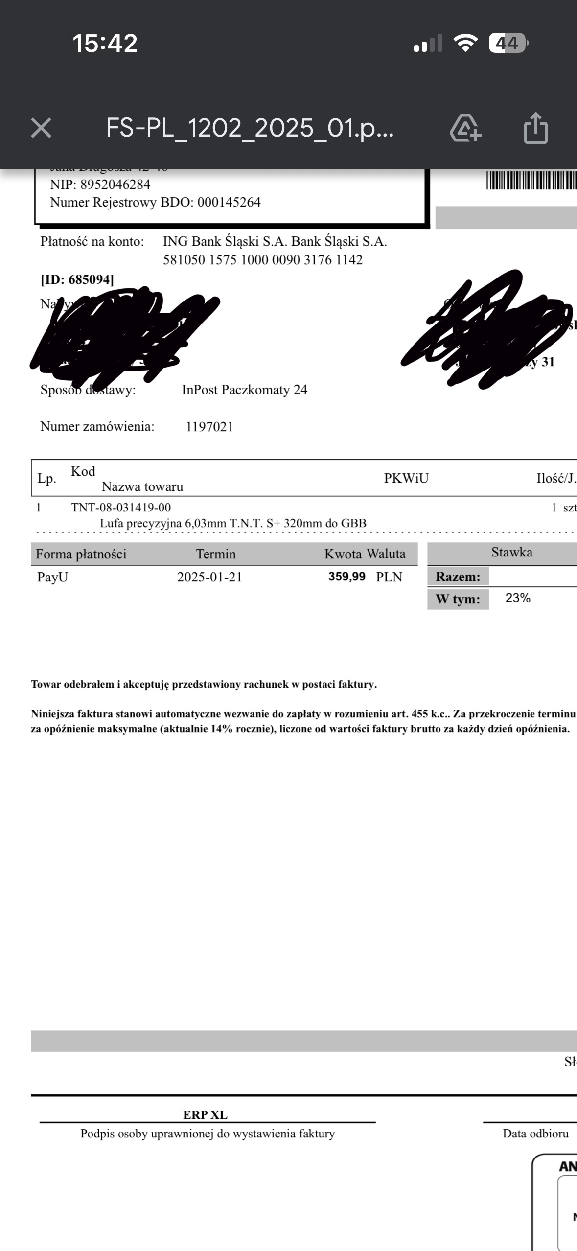Lufa precyzyjna TNT s+ 6.03 320mm GBB vsr gumka hop mws